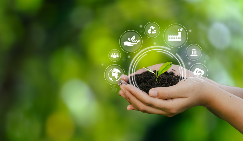 hand reaching out holding dirt, sustainable icons green background