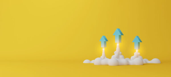 Three arrows soaring on yellow background. Business development to success and growing growth concept. 3d render illustration