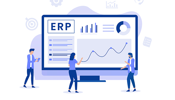 erp cartoon monitor with dashboard graphs