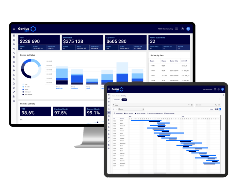 genius erp analytics dashboard and gantt chart screenshots on two devices