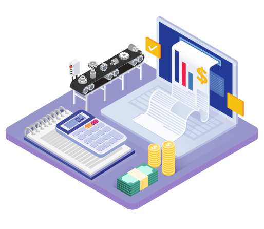 isometric cartoon of manufacturing conveyor belt and laptop with budget information and graphs